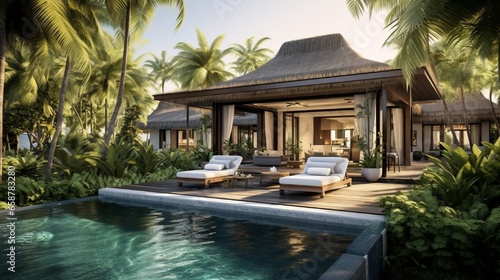 A lavish tropical retreat, surrounded by lush palm trees, with a private beachfront and a luxurious outdoor lounge area
