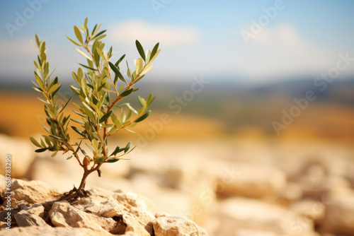 Fotografiet Olive tree growing on the rocks against the background of Palestine