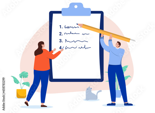 Business steps - People writing bullet point list on white clipboard to plan progress, project goals and development. Flat design vector illustration with white background