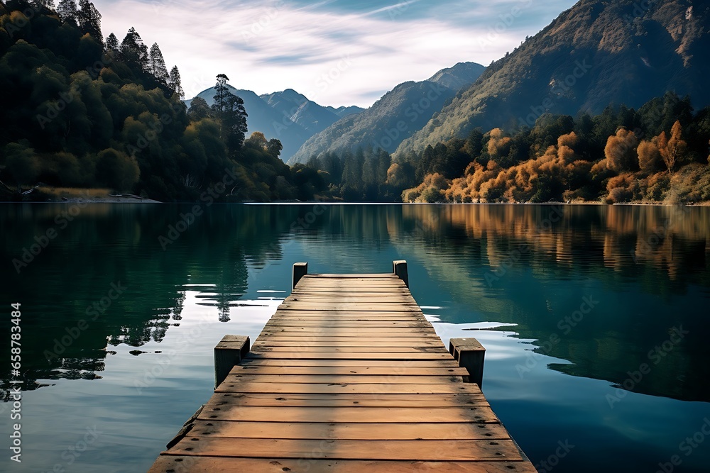 Wooden jetty on the lake in autumn. Beautiful mountain landscape.