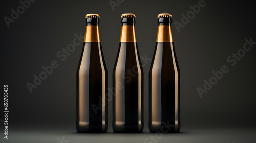 Craftcore Beer Bottles in Light Gray and Gold, Minimalist Mockup on Black Background, Beer, Soda Template for advertisement - Generative AI photo