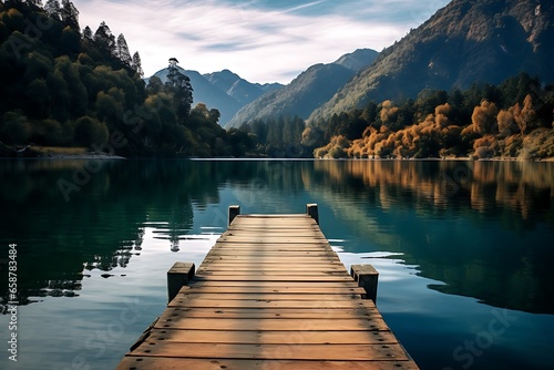 Wooden jetty on the lake in autumn. Beautiful mountain landscape.