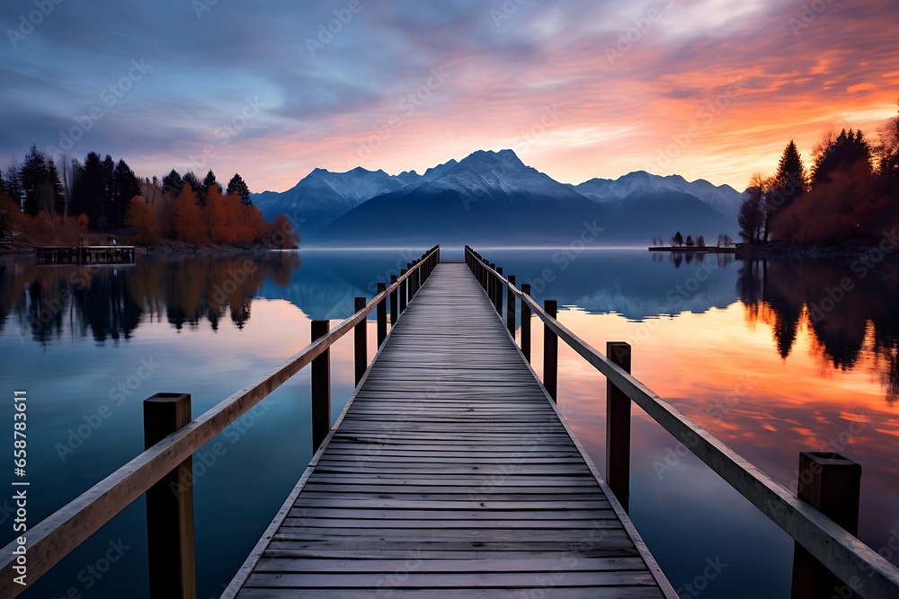 Wooden jetty on a lake at sunrise, New Zealand.