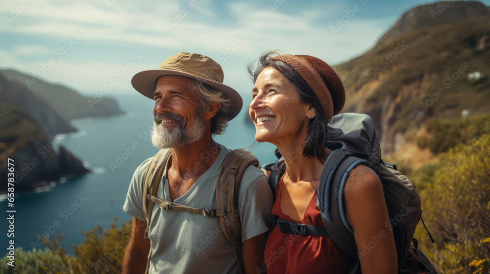 portrait of Senior couple admiring the scenic Pacific coast while hiking, filled with wonder at the beauty of nature during their active retirement portrait of Senior couple admiring the scenic Pacific coast while hiking, filled with wonder at the beauty of nature during their active retirement
