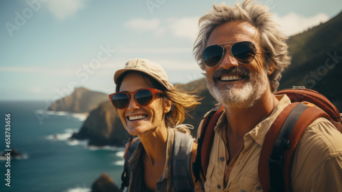 portrait of Senior couple admiring the scenic Pacific coast while hiking, filled with wonder at the beauty of nature during their active retirement © Guillaume