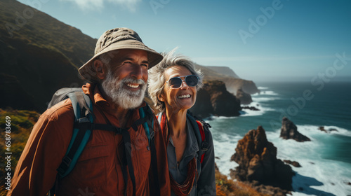 portrait of Senior couple admiring the scenic Pacific coast while hiking, filled with wonder at the beauty of nature during their active retirement © Guillaume