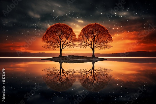 Conceptual image of heart shape made of tree silhouettes against beautiful sunset