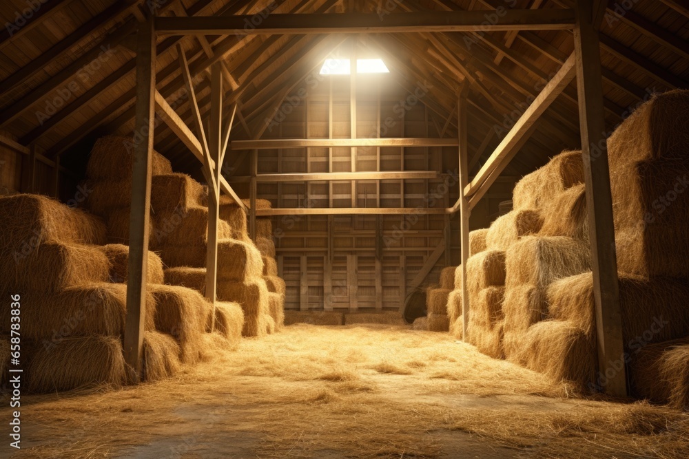 A barn filled with lots of hay next to a light. This image can be used to depict a traditional farm setting or to symbolize abundance and preparation. - obrazy, fototapety, plakaty 