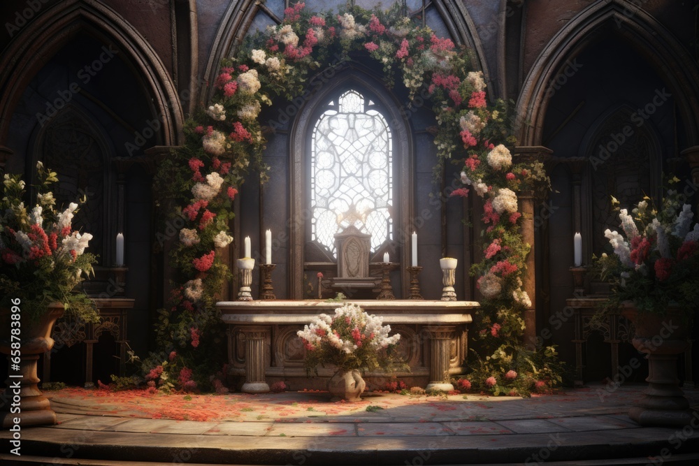 A church adorned with beautiful flowers and flickering candles. Perfect for religious ceremonies and weddings.