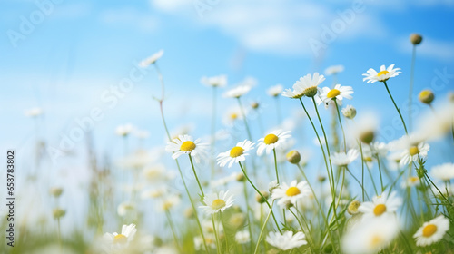 Field of daisies blue sky and sun.
