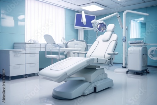 A dentist s chair is pictured in a blue and white room. This image can be used to illustrate a dental clinic or showcase dental equipment.