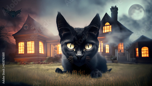 Black cat in front yard of a haunted house on halloween with smoke in the air.
