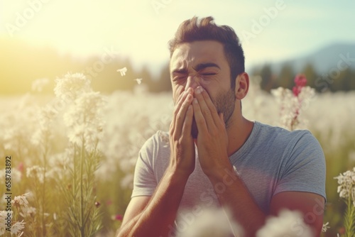 A man is seen blowing his nose in a field of vibrant flowers. This image can be used to depict seasonal allergies or the beauty of nature in full bloom. © Fotograf