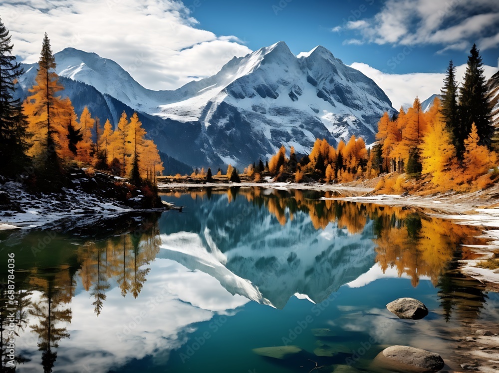 Mountain lake in autumn. Snowy peaks of the Caucasus Mountains.