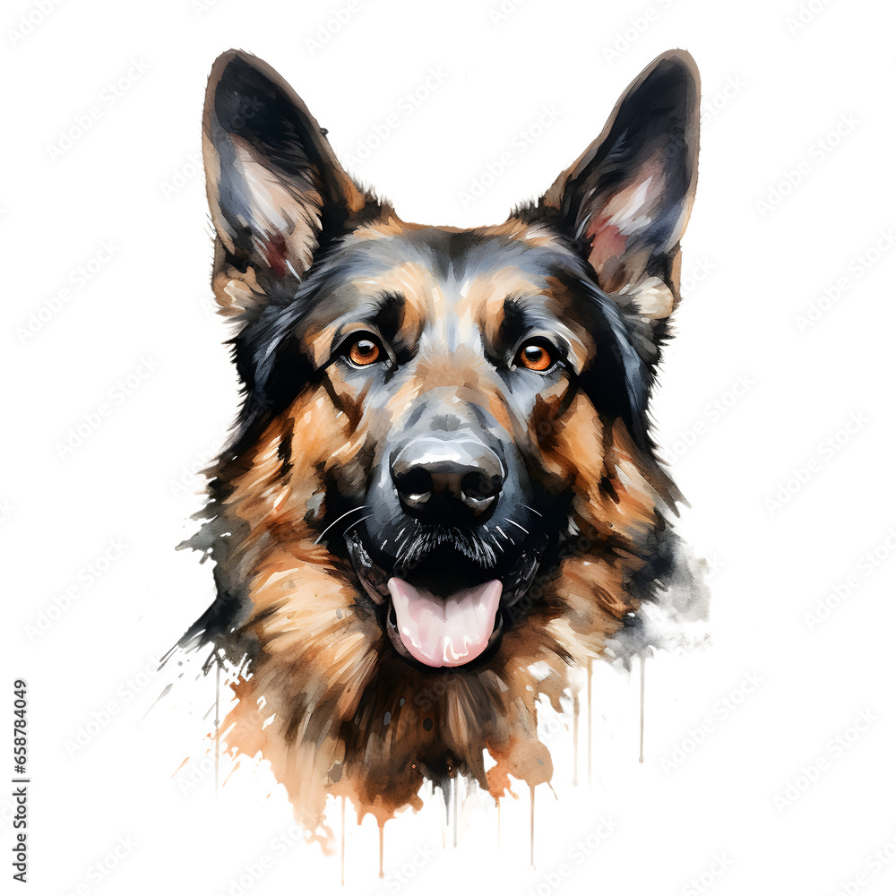 German Shepherd - Water Colour Style - Transparent Background.