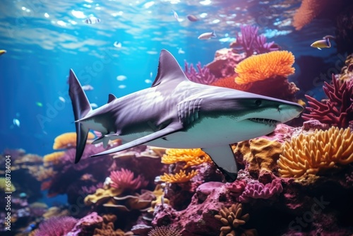 A captivating image of a shark gracefully swimming in an aquarium surrounded by vibrant corals. Perfect for marine life enthusiasts or educational materials on aquatic ecosystems.