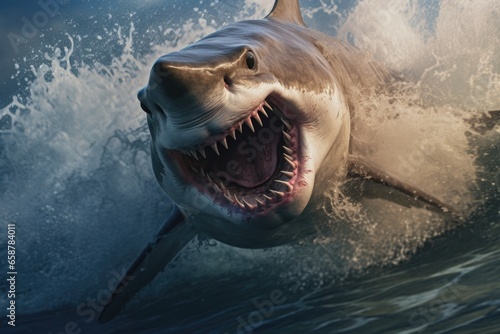 A close-up view of a shark with its mouth wide open. This image captures the fierce and powerful nature of these marine predators. Perfect for illustrating articles or presentations about sharks or th © Fotograf