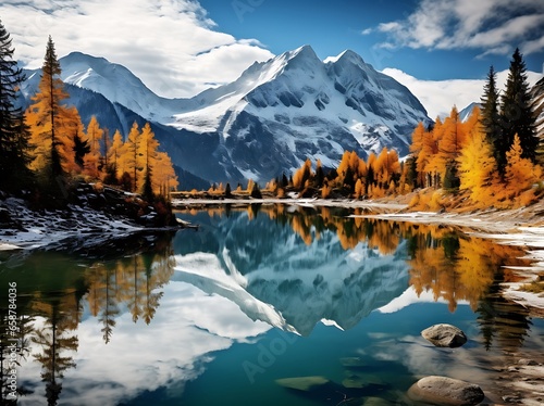 Mountain lake in autumn. Snowy peaks of the Caucasus Mountains.