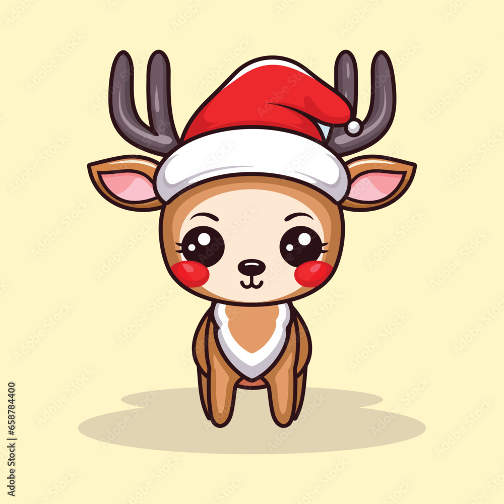 Cute White Tailed Deer Cartoon Character Wearing Santa Hat illustration Cute White Tailed Deer Cartoon Character Wearing Santa Hat illustration