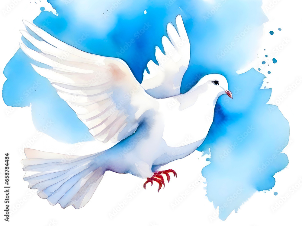 Peace dove in a clear blue sky. Watercolor illustration. Peace and war concept. Peace dove in a clear blue sky. Watercolor illustration. Peace and war concept.