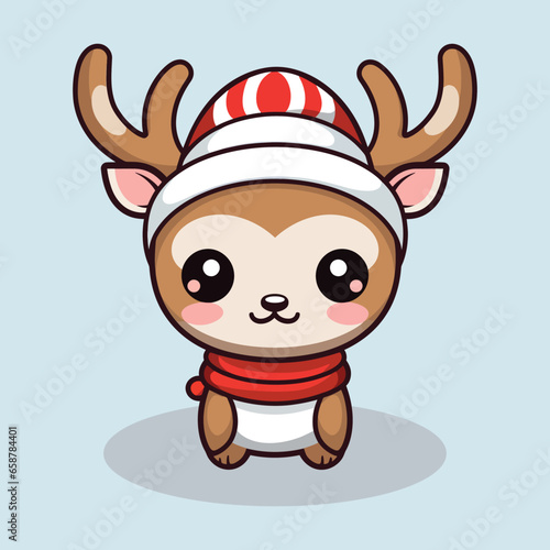 Cute White Tailed Deer Cartoon Character Wearing Santa Hat illustration 