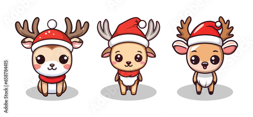 Cute White Tailed Deer Cartoon Character Wearing Santa Hat illustration 