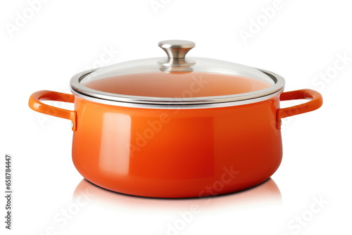 An isolated metallic saucepan with a stainless steel body and handle, a shiny and essential kitchen utensil for cooking, against a clean white background.
