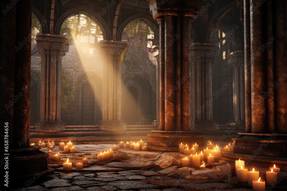 A group of candles are lit in a church. This image can be used to depict a religious ceremony or create a peaceful and serene atmosphere. A group of candles are lit in a church. This image can be used to depict a religious ceremony or create a peaceful and serene atmosphere.