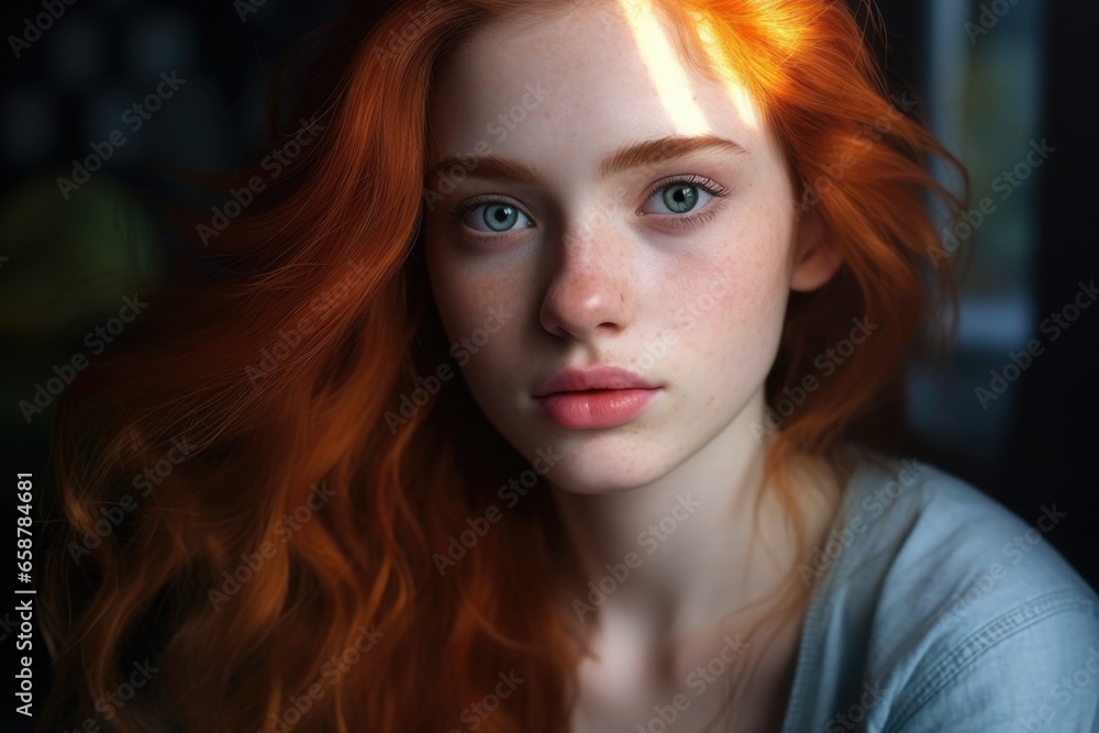 Fototapeta premium A woman with striking red hair and captivating blue eyes. This image can be used to represent beauty, individuality, and confidence.