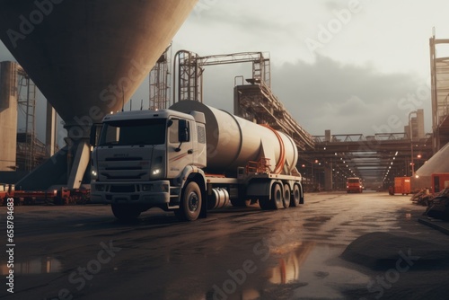 A large tanker truck driving down a wet road. This image can be used to depict transportation, logistics, and the rainy weather conditions. . photo