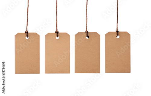 Hanging blank brown note cards isolated on transparen background PNG