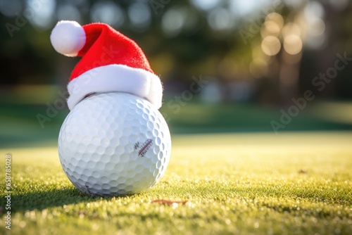 A golf ball with a festive Santa hat on it. Perfect for holiday-themed golf tournaments or adding a touch of Christmas cheer to your golfing accessories. photo