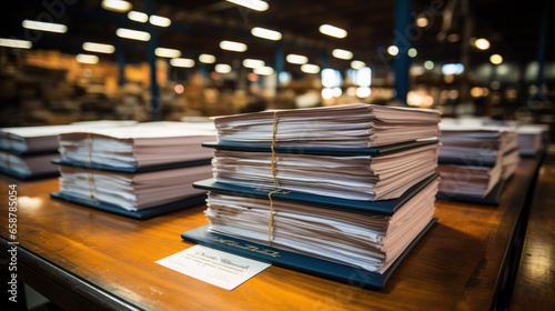 Results of an audit of documents of a large industrial warehouse. Stacks of reports on the table against the background of shelves photo