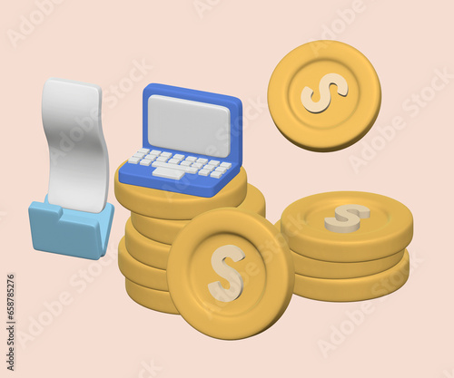 3d rendering of making money from work, 3d render of work hard, working on notebook computer and file folder, 3d business tools, 3d render business tools, Dollar coin stack, Dollar money rendering