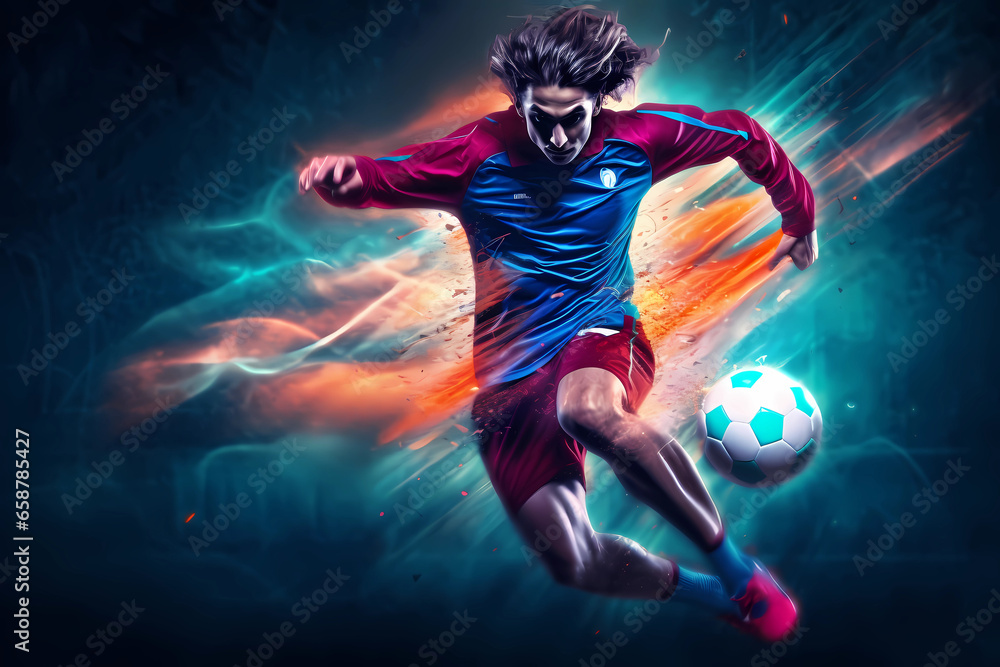 Extreme Sports in Vivid Color - A skilled soccer player displaying finesse and agility on the field, showcasing their talent through precise footwork, strategic passes, and remarkable ball control
