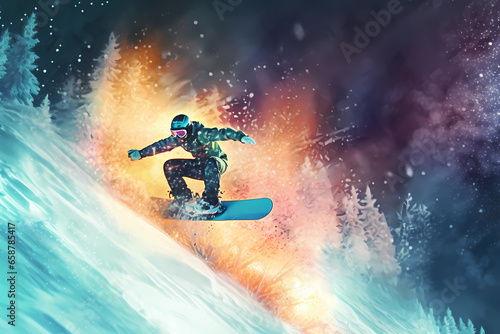 Extreme Sports in Vivid Color - A Snowboarder Shredding. Witness the exhilarating spectacle of a snowboarder shredding down the mountain, effortlessly maneuvering through the snow-covered slopes
