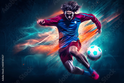 Extreme Sports in Vivid Color - A skilled soccer player displaying finesse and agility on the field, showcasing their talent through precise footwork, strategic passes, and remarkable ball control © Russell