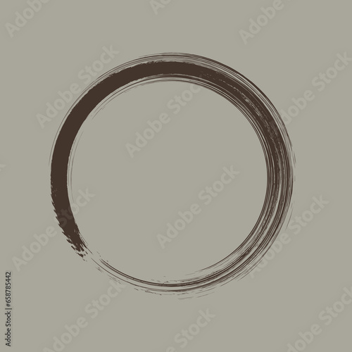 Brown grunge circle Zen shape Vector illustration. Color enso zen symbol. Circular label, logo, text frame, banner, badge. Grunge design element. Isolated. Distress texture. Ink brush strokes