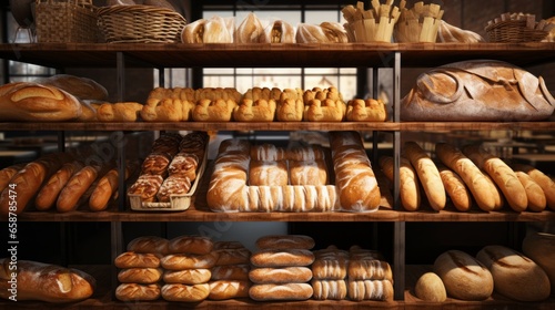 Assorted Breads Displayed on Supermarket Bakery Shelves: Different types of bread loaves, bread rolls, baguettes, bagels, bread buns, and a variety of other fresh bread on display on grocery store