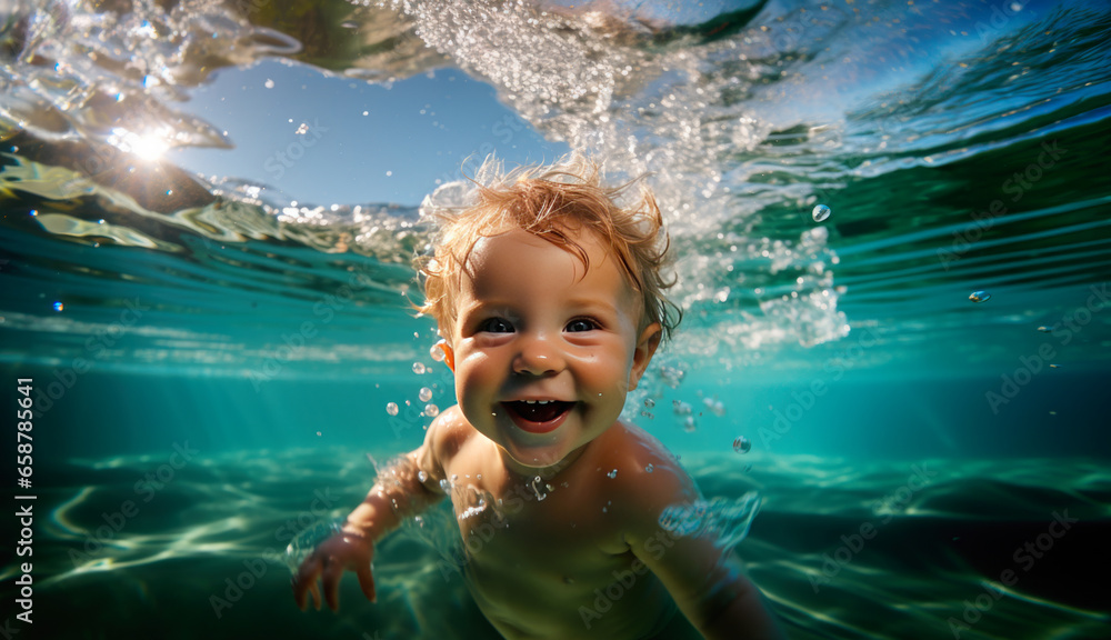 A photo of a child happily swimming in crystal clear water, taken from the water
