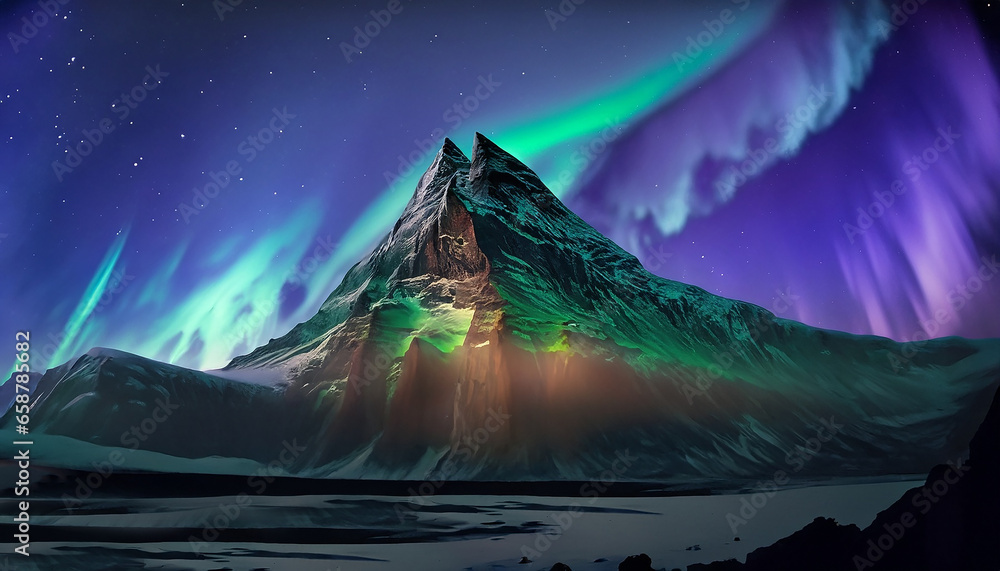 Tallest mountain in the world at night with the northern light. Generative AI	