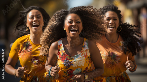 Happy African American Female Friends Enjoying a Healthy Run In The Park Together. Generative AI.