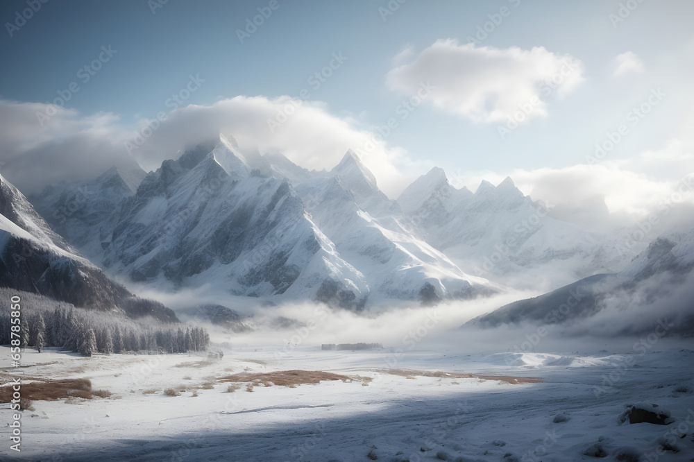 Winter scene capturing the essence of a pristine snow-covered valley nestled between majestic snow capped mountains. AI Generated.