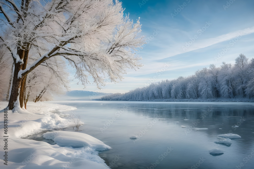 Winter scene capturing the essence of a pristine snow-covered valley nestled between majestic snow capped mountains. AI Generated. Winter scene capturing the essence of a pristine snow-covered valley nestled between majestic snow capped mountains. AI Generated.
