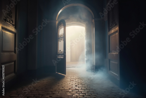 mysterious ancient arch, all in smoke, a back light. light rays. clouds of smoke come from the arch. Generative AI © Dmytro