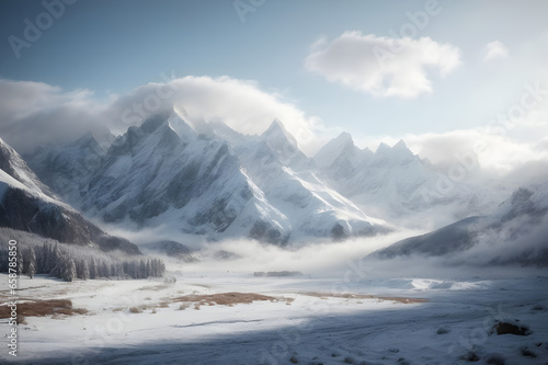 Winter scene capturing the essence of a pristine snow-covered valley nestled between majestic snow capped mountains. AI Generated.