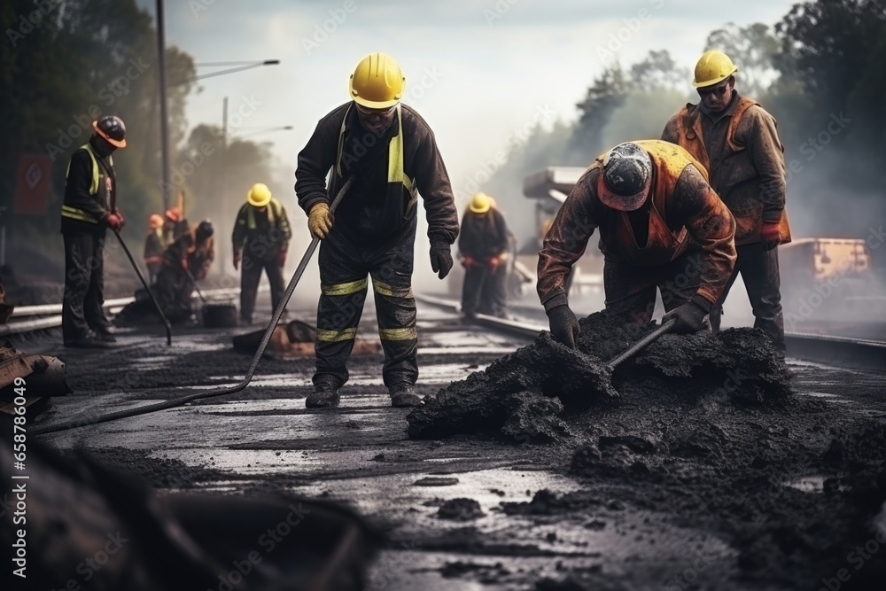 A group of construction workers working on a road. Suitable for illustrating construction projects and infrastructure development. - obrazy, fototapety, plakaty 