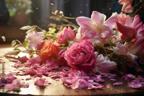 A close-up view of a beautiful bunch of flowers placed on a table. Perfect for adding a touch of color and elegance to any space.