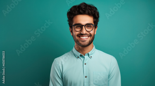 Happy joyful smiling young man looking aside up thinking of new good opportunities, dreaming, feeling inspired and proud standing isolated on green background. Portrait