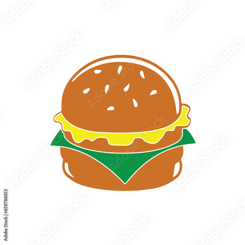 Cartoon Burger With Lettuce  Tomato  And Cheese. Vector Hand Drawn Illustration Isolated On Transparent Background. 